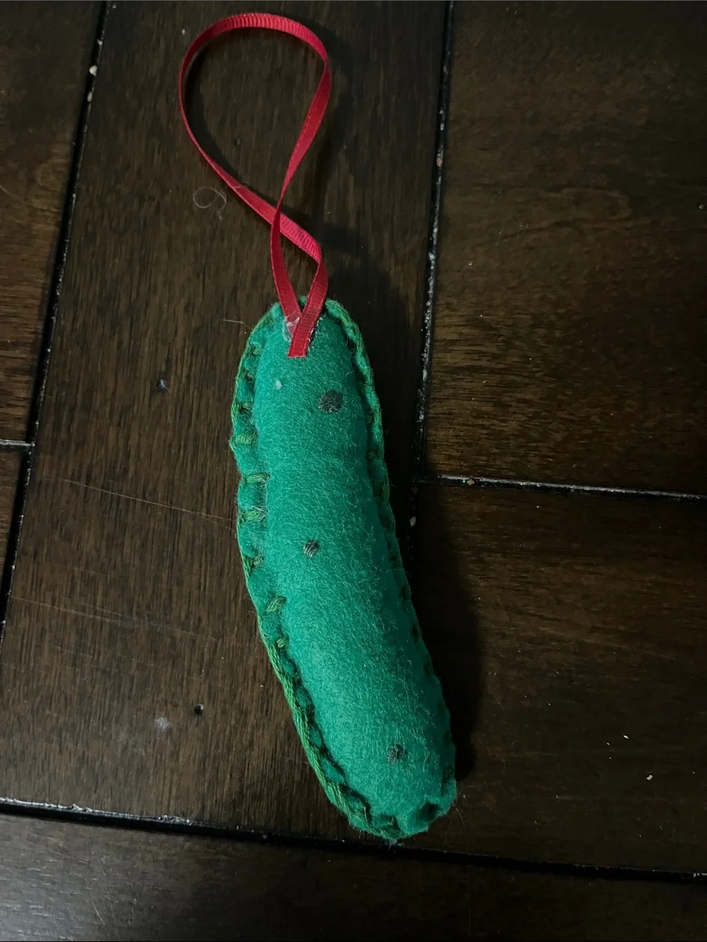 Handmade Felt Pickle Rick Ornament in Green with Red Loop